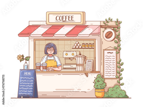 Illustration of a cozy cafe stand with a female barista standing behind the counter, equipped with a coffee machine, menu board, cups, and potted plants. Everything is depicted in warm, earthy color