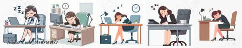 Five women sleeping at office desks, suitable for tired, overworked, break, sleep, exhausted, female workforce, office culture concept.