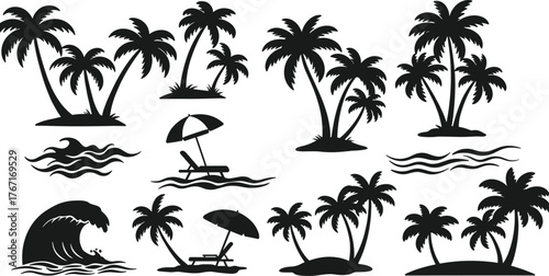 Tropical beach silhouettes, palm tree illustration, ocean wave artwork, summer vacation design, seaside holiday icons, exotic island elements, coastal relaxation decoration, nature