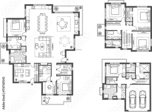 Detailed architectural floor plans of a modern multi story luxury home with garage and outdoor space