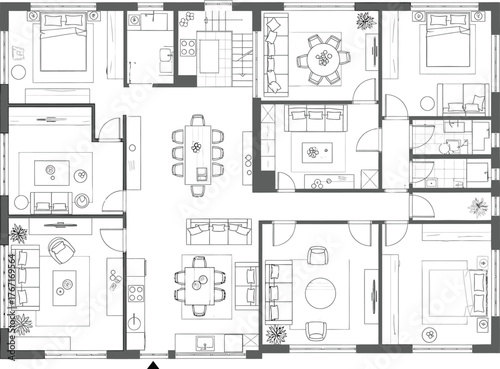 Detailed architectural floor plan drawing of a spacious multi room residential house layout with furniture placement