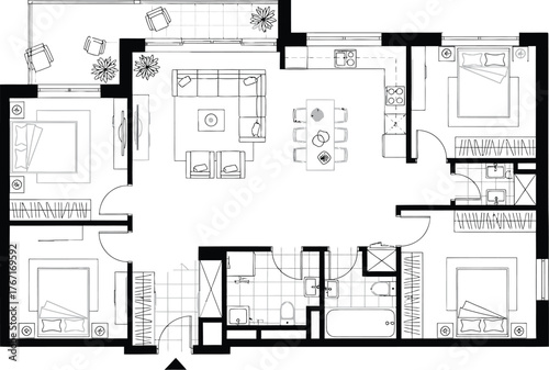 Detailed architectural floor plan drawing of a modern apartment layout with multiple rooms and furniture placement