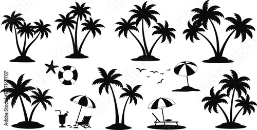 Tropical beach silhouettes, palm tree illustration, summer vacation design, island paradise artwork, seaside relaxation icons, holiday travel elements, exotic coastal decoration, nature