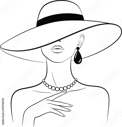 Elegant woman wearing a wide brimmed hat and pearl necklace with a single dangling earring