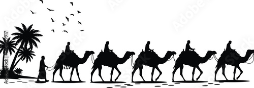 Silhouette of a caravan of camels with riders traveling through a desert landscape with palm trees under a clear sky