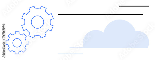 Two blue gears next to a cloud and minimal lines representing collaboration, technology, workflow, system automation, data synchronization, software integration, and innovative problem-solving. A