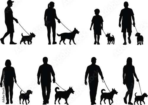 Silhouettes of diverse people walking their dogs on leashes in various poses and sizes representing companionship and outdoor activity