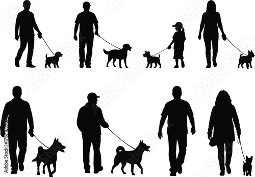 Diverse silhouettes of people and dogs walking together outdoors on leashes representing companionship and activity