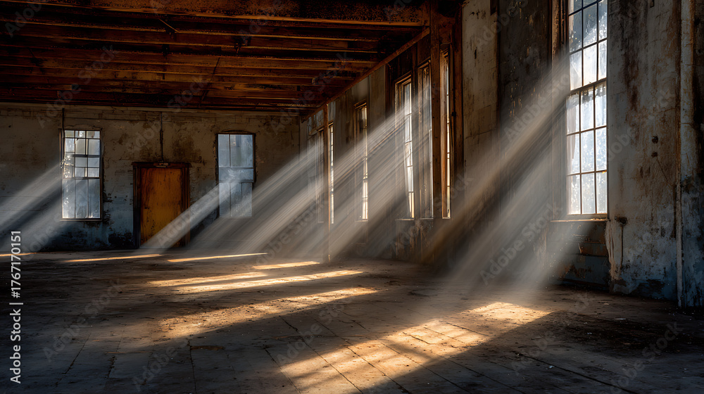 Fototapeta premium Sunrays peering through the windows of an old rusty warehouse 