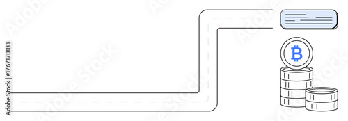 Flowing digital pathway leading to stacked cryptocurrency coins representing financial transactions. Ideal for finance, technology, digital payment, cryptocurrency exchange, blockchain, investment