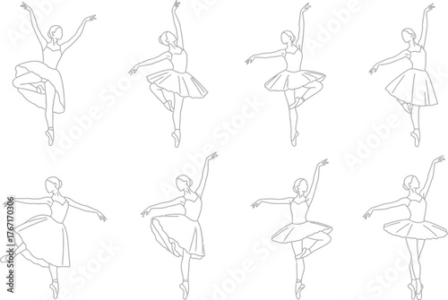 Collection of eight stylized line art illustrations of ballerinas in various graceful dance poses against a white background