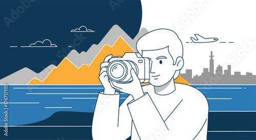 Man taking photo of scenic landscape with mountains and city skyline during his travel adventure, capturing the beauty of nature and urban life.