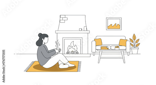 Woman sitting on rug in cozy living room, enjoying hot drink by fireplace on a relaxing winter evening.
