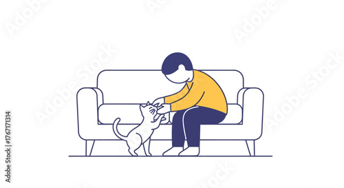 Man playing with his playful cat on the sofa in the living room, enjoying a relaxing and joyful moment at home.