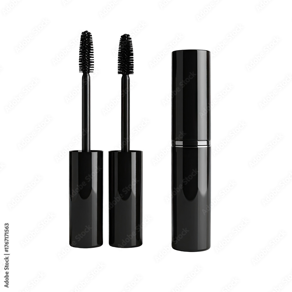 Obraz premium Mascara Black tubes, one open with two wands on black