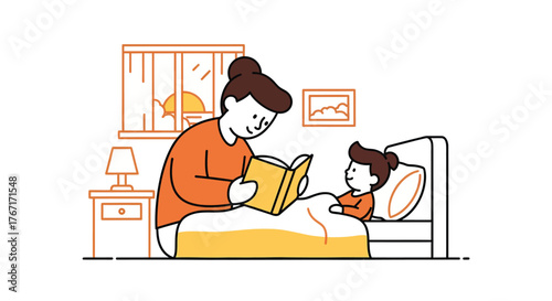 Loving mother reading a bedtime story to her child in a cozy bedroom, creating a warm and comforting atmosphere for a peaceful night's sleep.