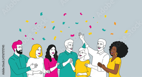 Diverse group of friends celebrating with confetti indoors, smiling and clapping hands in a joyful and festive atmosphere.