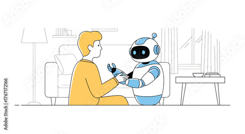 Young man interacts with friendly robot in living room, showcasing positive relationship between humans and artificial intelligence, highlighting futuristic technology.