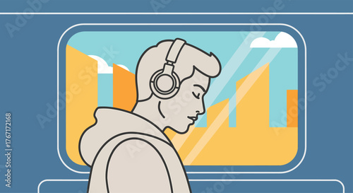 Man listens to music with headphones on train during commute with city view outside window in calm and peaceful mood.