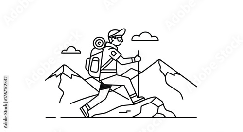 Hiker climbs rocky mountain peak with backpack and trekking poles in minimalist line art style, showcasing adventure and determination.