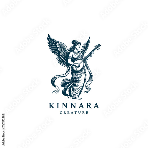 Mythological Kinnara (or Kinnari) creature illustration, rendered in a detailed vintage engraving or woodcut style, depicting a winged celestial being playing a stringed instrument (Veena/Lute)