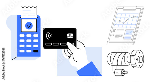 Hand holding a card for wireless payment, payment terminal with receipt, analytics on clipboard, surveillance camera. Ideal for business, finance, retail, tech innovation, data security digital