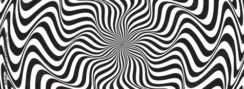 Hypnotic spirals background. Radial optical illusion. Black and white swirl tunnel wallpaper. Horizontal spinning concentric curves. Vortex or whirlpool design for poster, banner, flyer.Vector
