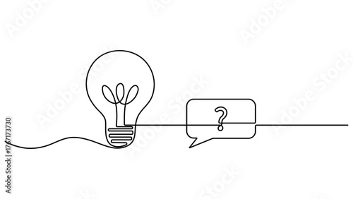 Speech bubbles with question mark and lightbulb continuous one line drawing. Hand drawn one line vector illustration isolated on white. Editable stroke
