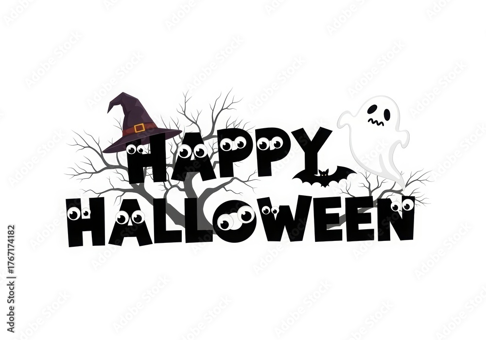 Fototapeta premium Illustration of happy halloween text with ghost, bat, witch hat and eyes isolated on white background