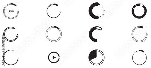 Set of black loading icons isolated on white background depicting progress indicators for software, applications, and websites with different styles and shapes