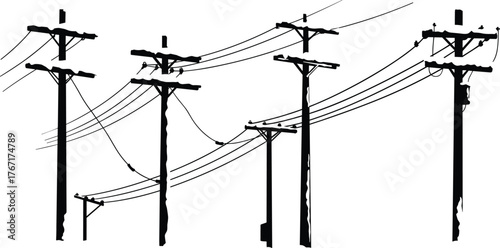 Wooden electric poles with power lines and cables, rural electricity infrastructure, utility transmission network silhouette for energy distribution system