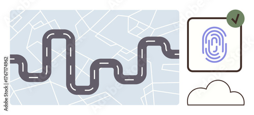Curved road crossing map grid, fingerprint authentication icon, cloud storage symbol with checkmark. Ideal for navigation, cybersecurity, cloud, identity verification, maps, data storage flat