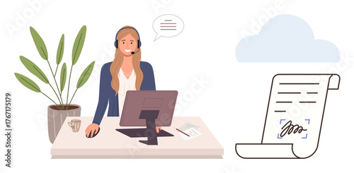 Professional woman at desk with headset, assisting in digital document review and signing process. Ideal for customer service, remote work, online support, technology, business communication, digital