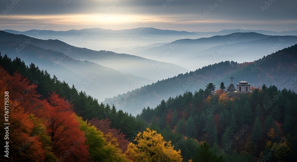 Obraz premium Autumn Mountain Chapel with Misty Sunrise.