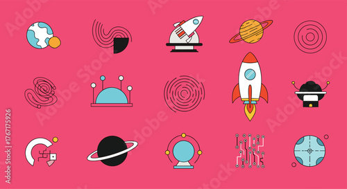 Collection of stylized space and science-themed icons on a pink background.