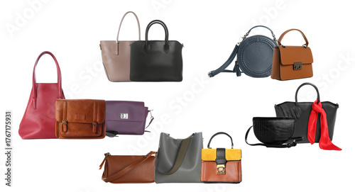 Canvas Print eight fashionable women's leather handbags displayed horizontally in a studio shot arrangement against a solid transparent background, featuring varied colors and designs