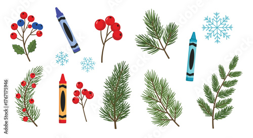 Festive holiday still life with pine branches, berries, crayons, and snowflakes creating a whimsical winter scene for crafts.