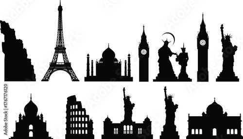 World landmarks silhouettes, Eiffel Tower, Statue of Liberty, Taj Mahal, Big Ben, Colosseum, global monuments, cultural heritage, iconic architecture, travel illustration