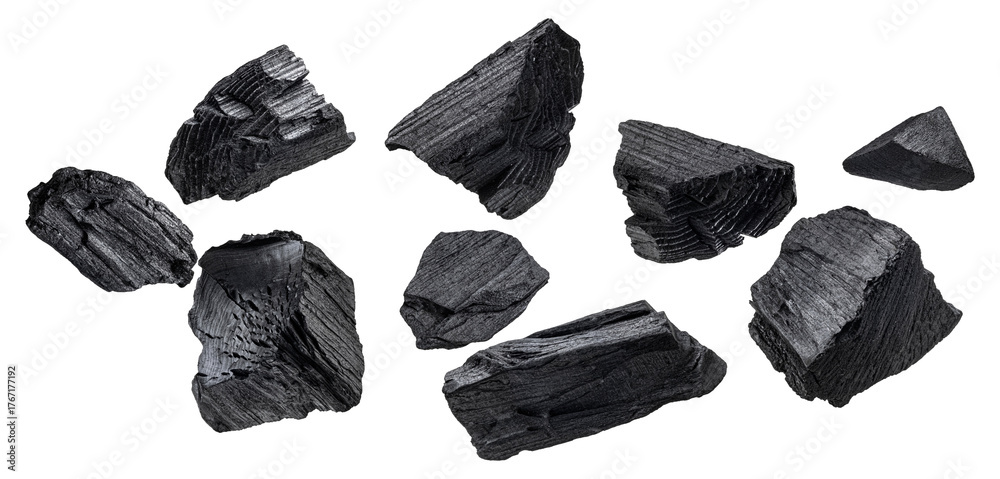 Φωτογραφία collection of scattered natural black wood charcoal chunks of varying sizes, commonly used for high performance grilling and heating applications