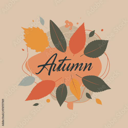 Trendy art style abstract autumn greeting card, poster, cover, with bright beautiful leaves. Fall print, web banner, flyer design. Template for ads, social media and season decor. Multilayer SVG.