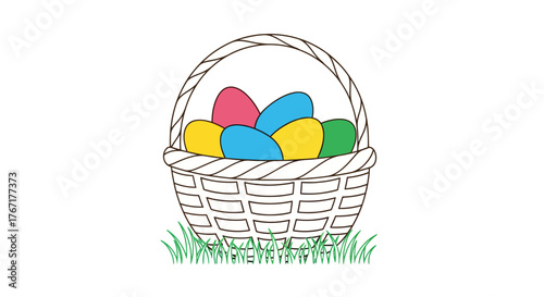 Easter basket filled with colorful eggs sitting in green grass, symbolizing spring holiday celebration and joyful tradition.