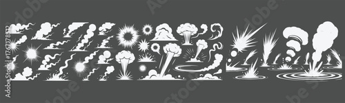  Smoke illustration set for special effects template. Steam clouds, mist, fume, fog, dust, or vapor 2D VFX Clipart element for animation.