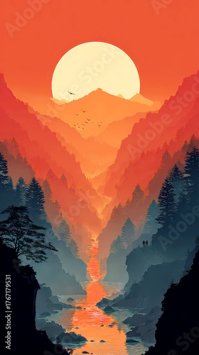 Striking Vertical Digital Art of a River Valley Sunset with Silhouetted Figures