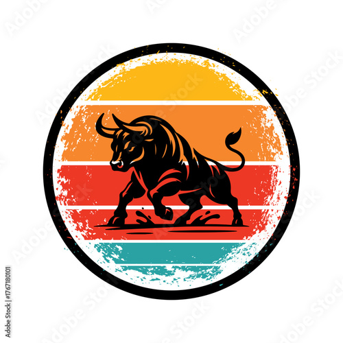 Retro sunset emblem featuring a charging bull silhouette, a powerful concept of strength, finance, and untamed energy