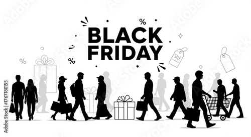 Black Friday shopping concept with happy people and gift boxes illustration