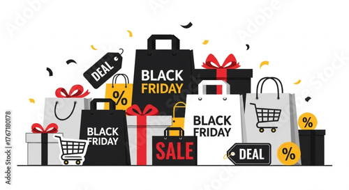 E-commerce holiday sale illustration with shoppers and presents