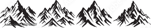 Black and white mountain silhouette illustration set with detailed peaks and ridges, perfect for adventure logos, outdoor design, travel graphics, hiking themes, and nature-inspired decorative artwork
