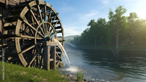 Scenic view of a traditional wooden watermill wheel spinning on a calm river amidst a sunlit forest landscape