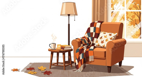 Warm fall living room corner with coffee, candle, and plaid blanket vector illustration