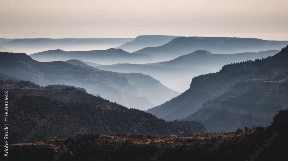 Obraz premium concentric. Mountain valley with concentric air ripples, misty natural landscape. travel magazines, destination branding, designed for travel destination branding, inspires travel planning.
